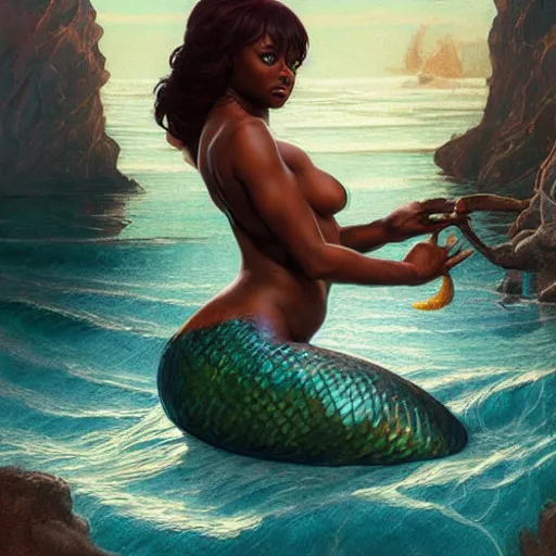 Image similar to jada fire as a beautiful mermaid emerging from the ocean, highly detailed, digital painting, artstation, concept art, sharp focus, illustration, art by artgerm and greg rutkowski and alphonse mucha