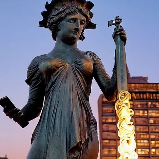 Prompt: A colossal 1880s neoclassical oxidized copper sculpture of the robed Roman liberty goddess, Libertas, clutching a tablet in one hand and holding up a torch with the other. She wears a radiate diadem on her head. Outdoors, against a distant New York skyline.