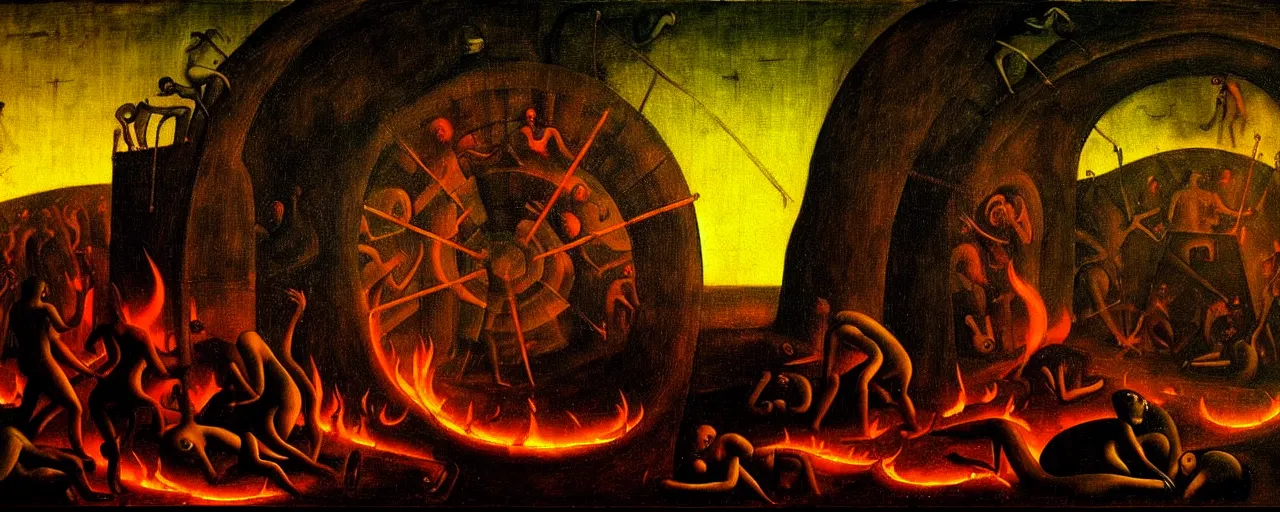 Image similar to trapped on a hedonic treadmill, dark uncanny surreal painting by bosch, dramatic lighting from fire glow, mouth of hell, ixions wheel