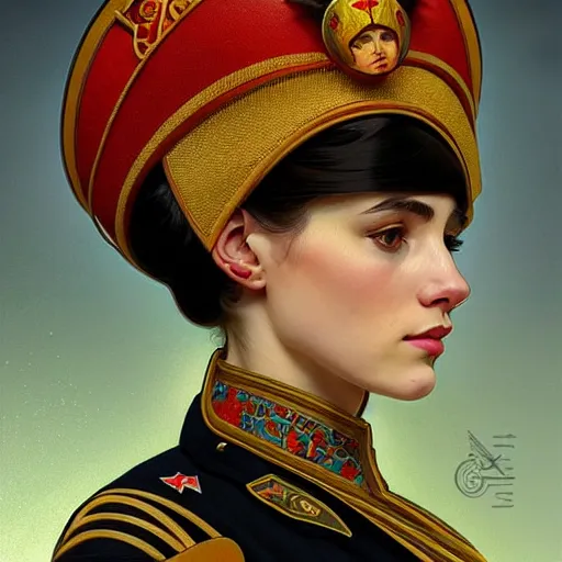 Image similar to a portrait of a female cat soviet officer, upper half portrait, decorated with soviet motifs, intricate, elegant, highly detailed, symmetry, headpiece, digital painting, artstation concept art smooth sharp focus, illustration, art by artgerm and greg rutkowski alphonse mucha 8 k