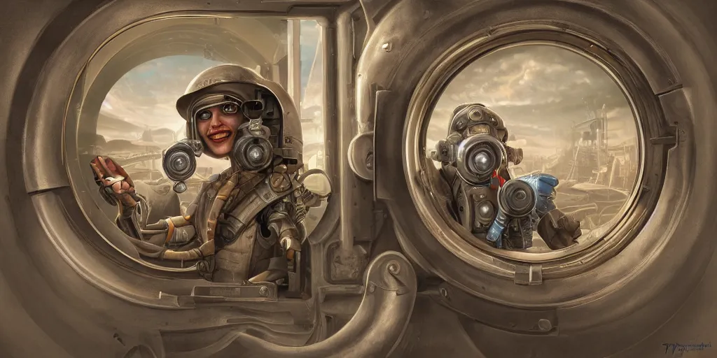 Image similar to highly detailed portrait painting of welder and angelina joile, mono single eye in porthole, by eddie mendoza and tyler edlin, 8 k resolution