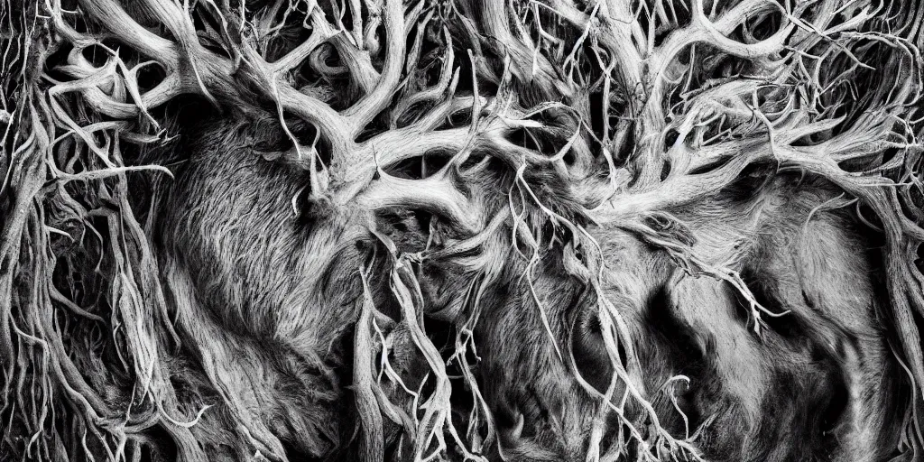 Image similar to portrait of deer head transforming into root monster, edelweiss growing on his head, forest, dolomites, alpine, detailed intricate insanely detailed octane render, 8k artistic 1920s photography, photorealistic, black and white, chiaroscuro, hd, by David Cronenberg, Raphael, Caravaggio