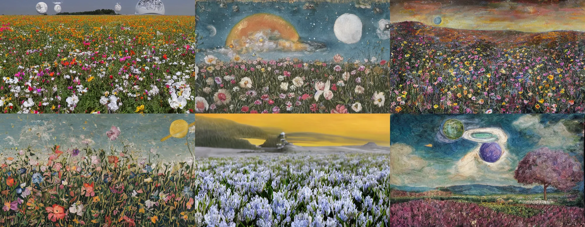 Image similar to Field of flowers with the planet Saturn in sky above