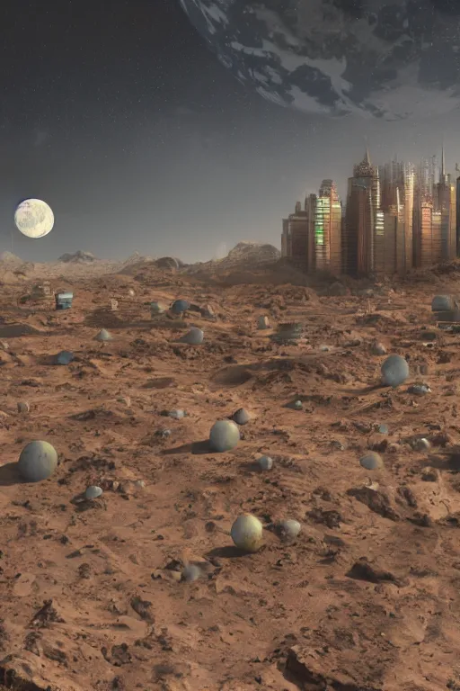 Image similar to terraformed moon colony, earth in background, digital painting, matte painting, small details