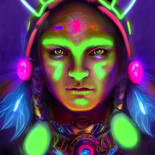 Prompt: neon shaman warrior, technology, digital art, visionary art, by mandy jurgens -n 4