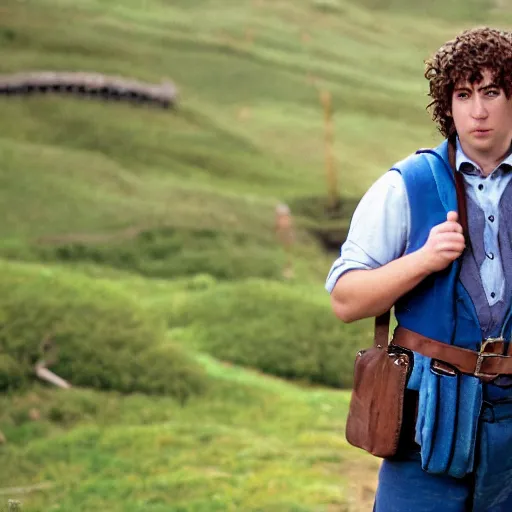 Prompt: frowning clean shaven pudgy British lad with short curly dark brown hair as a hobbit wearing a white men's crossbody sling chest bag and blue vest, blue vest!! white crossbody chestbag!! high resolution film still, movie by Peter Jackson