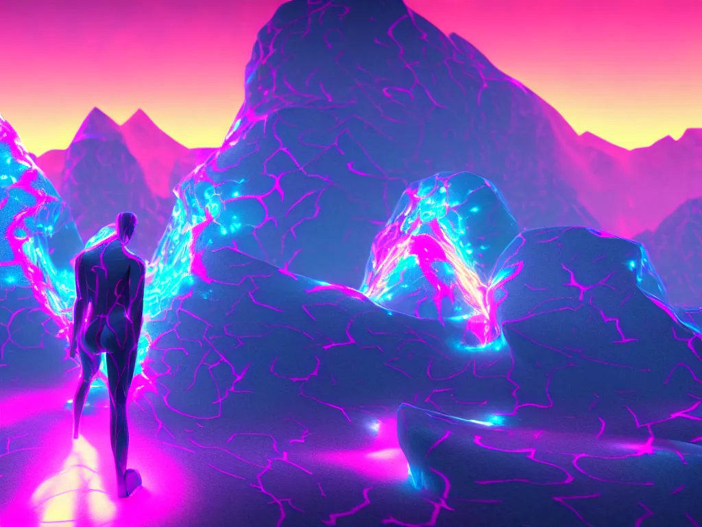 Image similar to manikin made of marble, fractal neon explosion revealing a portal to a vaporwave paracosm, mountains in background, introspective, cinematic, rule of thirds, clean linework, dramatic, award winning, 4 k, trending on artstation, photorealistic, volumetric lighting, octane render