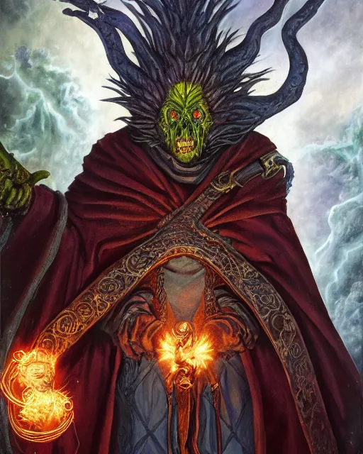 Prompt: portrait of Rick Sanchez as a powerful dungeons and dragons warlock, wearing dark robe, intricately detailed, lovecraftian, realistic, oil painting, by jeff easley, boris vallejo, cinematic lighting