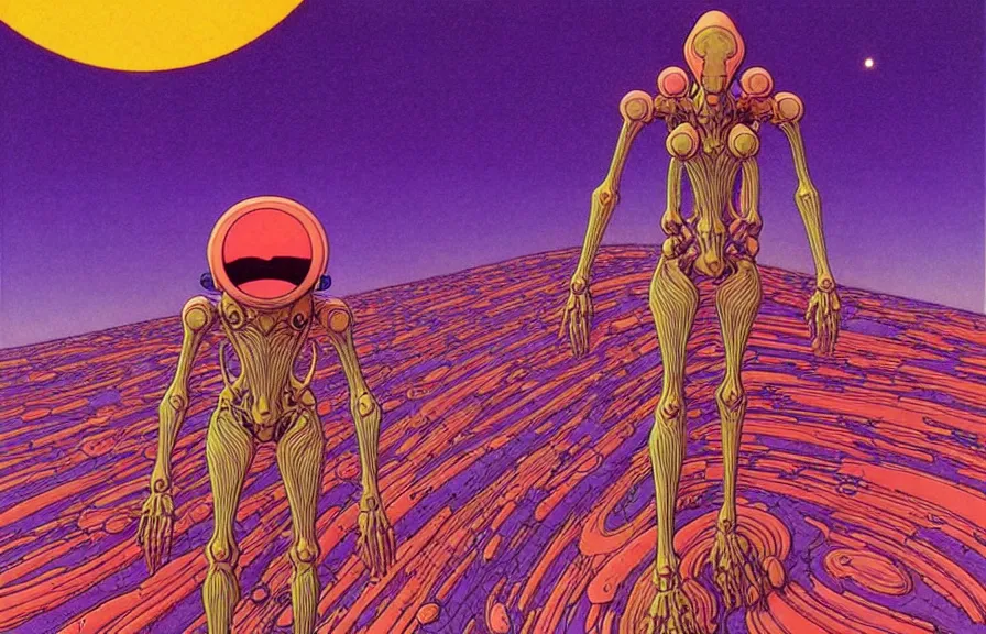 Image similar to ( ( ( ( a humanoid creature from another planet. ) ) ) ) by mœbius!!!!!!!!!!!!!!!!!!!!!!!!!!!, overdetailed art, colorful, artistic record jacket design