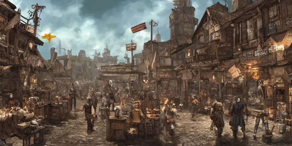 Prompt: a busy marketplace full of merchants in an old medieval town, fallout style, fantasy apocalypse, digital art, 4 k,