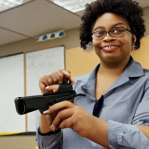 Prompt: a teacher holding a revolver in her classroom