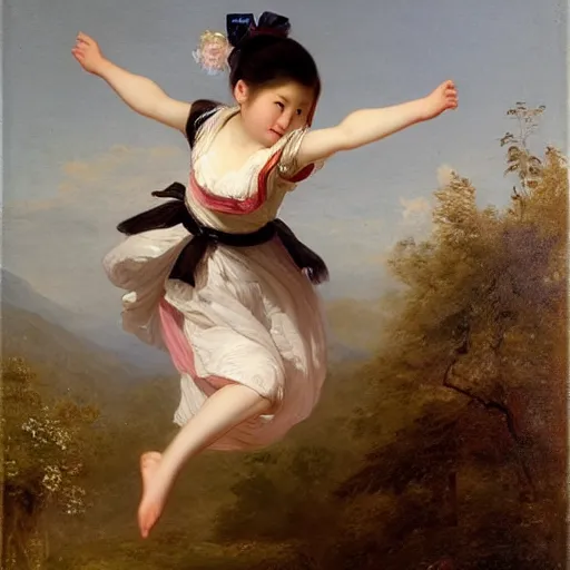 Prompt: a korean girl jumping over a bonfire by franz xaver winterhalter