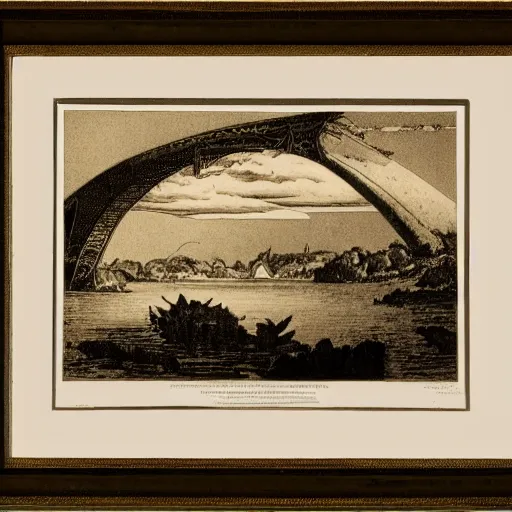 Prompt: The print shows a group of flying islands, each with its own unique landscape, floating in the night sky. The islands are connected by a network of bridges, and a small group of people can be seen walking along one of the bridges. by Franklin Booth artificial, melancholic