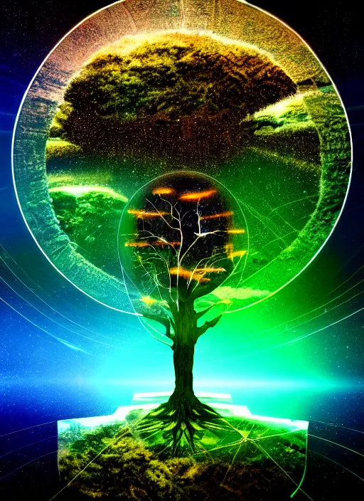 Image similar to high depth, collective civilization tree, calm, healing, resting, life, hybrids, scifi, glowing lights, published concept art, mixed medias, image overlays, sharp focus, winning illustration, eyes reflecting into eyes into infinity, singularity!!!, 3 6 0 projection, art in the style of all