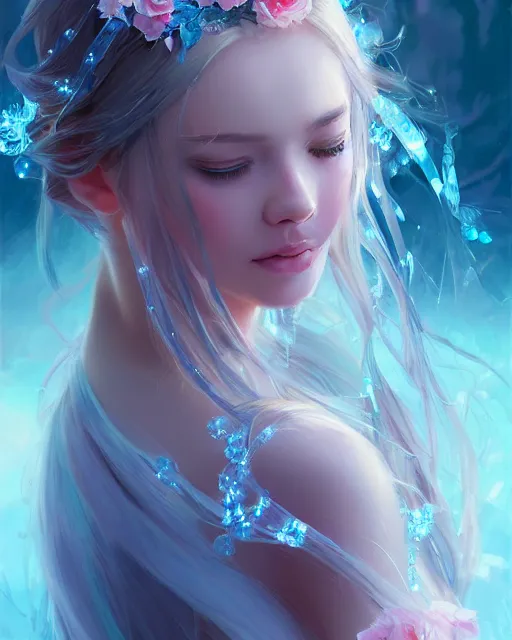 Prompt: crystalline portrait of an auburn princess encased in flowery ice and glass, by WLOP and Artgerm, artstation