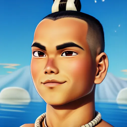 Prompt: beautiful serene intricate portrait of sokka from the water tribe as a young inuit man with light blue eyes, smiling softly, relaxing on the beach, golden hour, soft focus, 8 k, art by irakli nadar, hyperrealism, hyperdetailed, ultra realistic