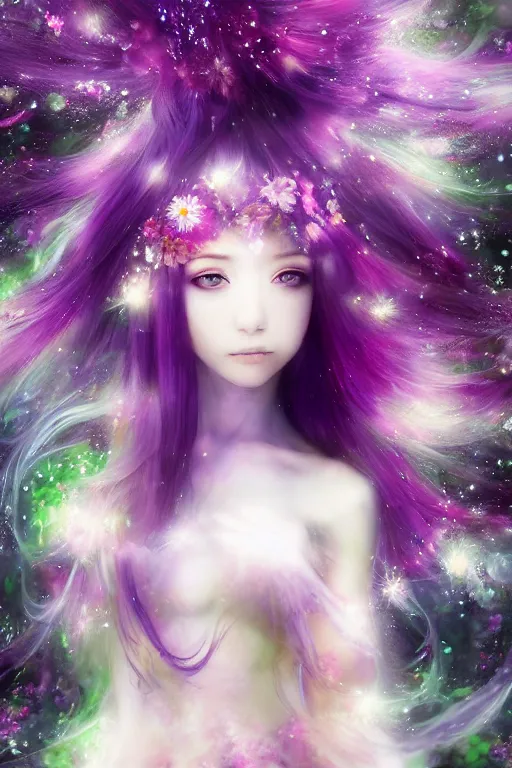 Image similar to 4k detailed portrait of a beautiful intimate woman with long purple cosmic hair and a beautiful celestial dress made of flowers, by Miho Hirano and viktoria gavrilenko. Anime, volumetric lighting