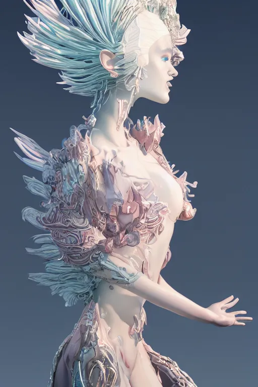 Image similar to an epic non - binary model, subject made of white melting porcelain, mesh headdress, flowing dress, with cerulean and pastel pink bubbles bursting out, delicate, beautiful, intricate, melting into ninetails, houdini sidefx, by jeremy mann and ilya kuvshinov, jamie hewlett and ayami kojima, trending on artstation, bold 3 d