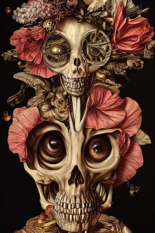 Image similar to Detailed maximalist portrait with large lips and large eyes, angry, exasperated expression, botanical skeleton, extra flesh, HD mixed media, 3D collage, highly detailed and intricate, surreal illustration in the style of Caravaggio, dark art, baroque