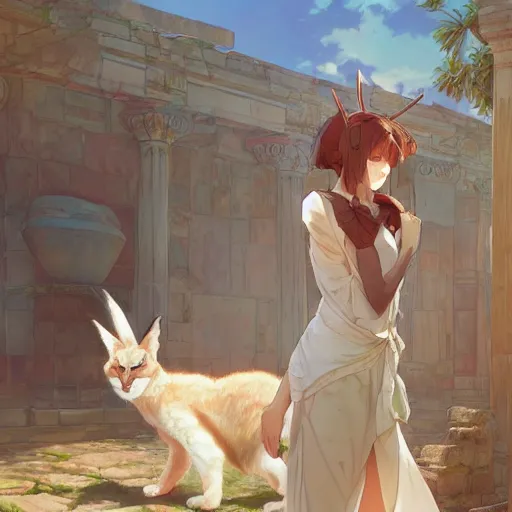 Image similar to a digital art of cute fluffy caracal in toga, ancient greek city, sunny day, by krenz cushart and mucha and akihito yoshida and greg rutkowski and makoto shinkai, long shot, back lighting, detailed eyes, 4 k resolution, trending on art station