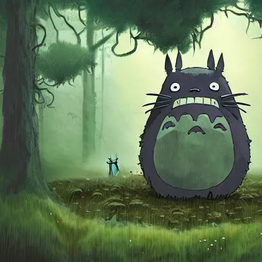 Prompt: totoro with black metal paint in the face, a drummer, electric guitar, dead people around, in the middle of the forest, fantasy digital art, wow, stunning, ghibli style, hight quality