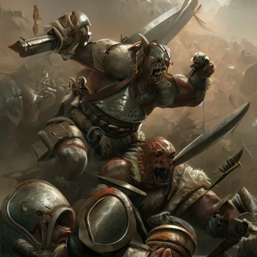 Image similar to three hundred spartans fighting in a war against orcs, artstation.