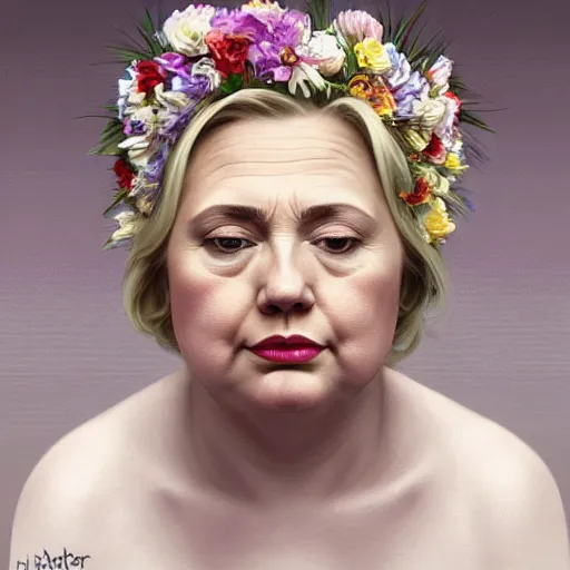 Image similar to side portrait of morbidly obese Hillary Clinton, blond hair, flower crown, white dress, headshot, hyper realistic, pale skin, 4k, rule of thirds, beautiful eyes, extreme detail, detailed drawing, trending artstation, hd, fantasy, D&D, realistic lighting, by Alphonse Mucha, Greg Rutkowski, sharp focus, backlit, elegant