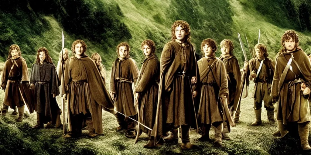 Image similar to the lord of the rings but frodo is the tallest among the fellowship promo shot from movie by peter jackson
