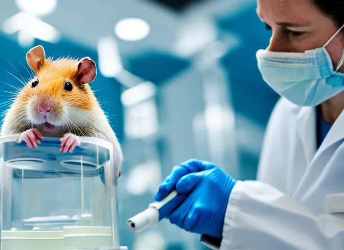 Image similar to film still of a hamster working in a research lab filling test tubes, 8 k