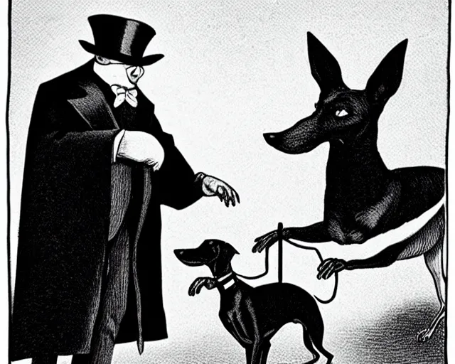 Image similar to greyhound wearing a black cloak and a top hat under a spotlight, magician dog