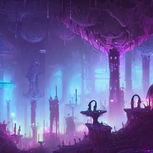 Image similar to concept art detailed painting of a dark purple fantasy fairytale fungal city made of mushrooms, with glowing blue lights, in the style of jordan grimmer and neil blevins and wayne barlowe