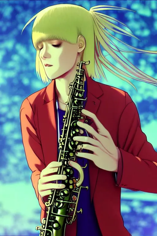 Image similar to wide view of a hippie Blonde Guy Short Hair Sharp fine face playing sax, pretty face, realistic shaded Perfect face, fine details. Anime. by makoto sinkai, katsuhiro otomo ghost in the shell movie scene, magali villeneuve, artgerm, rutkowski