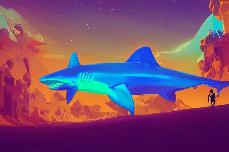 Image similar to a holographic projection of a huge colorful transparent shark appears in the desert at night, a man is stunned, by anton fadeev and jame paick, highly - detailed, fantasy