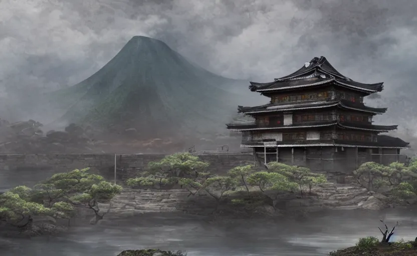 Image similar to detailed digital painting of old, ruined, japanese fort from sengoku period, overcast weather, environment concept art, photobash, overcast weather, unreal engine render, nanite