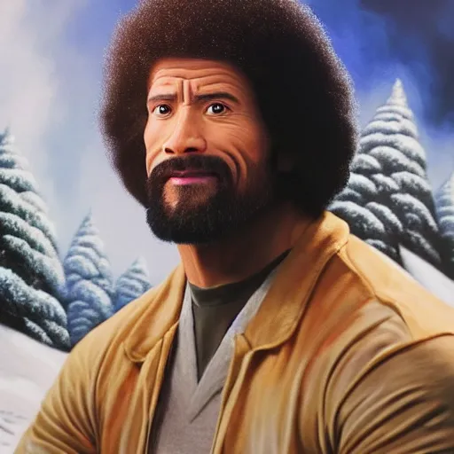 Image similar to dwayne johnson as bob ross, zoomed into his face while he is painting a painting, ultra realistic, hd, 8 k, happy little trees