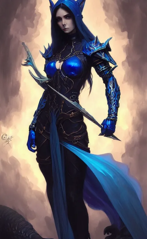 Image similar to Gothic elf princess in dark and blue dragon armor, sci-fi, highly detailed, digital painting, artstation, concept art, smooth, sharp focus, illustration, art by artgerm and greg rutkowski and alphonse mucha