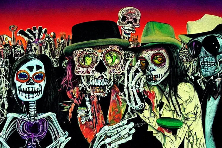 Image similar to scene from fear and loathing in las vegas, day of the dead, cyber skeleton, neon painting by otto dix