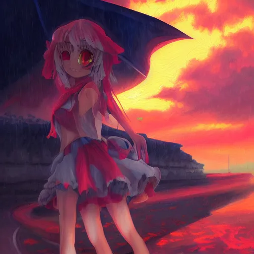 Prompt: Classical oil painting of Flandre Scarlet at sunset by Dan Mumford, beautiful anime portrait, official artwork, stylistic, Touhou character, brush strokes, oil, canvas