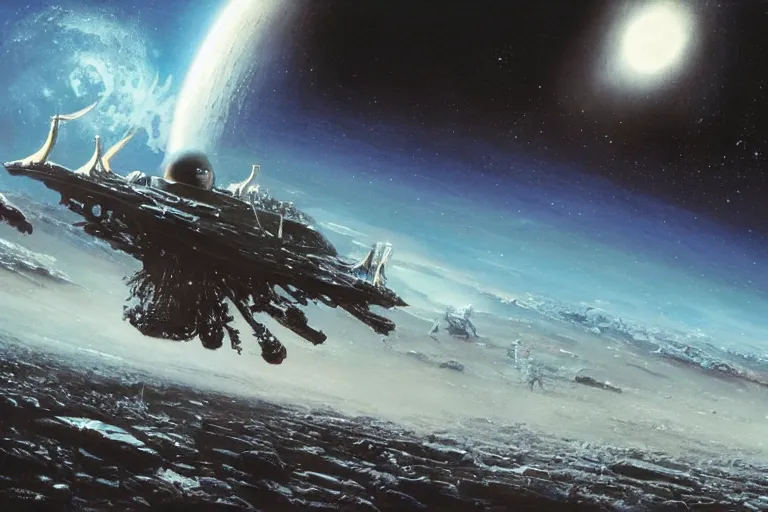 Image similar to an black alien spaceship taking off from the moon, earth in the background, cinematic, shadows, 4 k, detailed, by john berkey!!!!!! and peter jackson and ridley scott and beeple!!! and greg rutowski