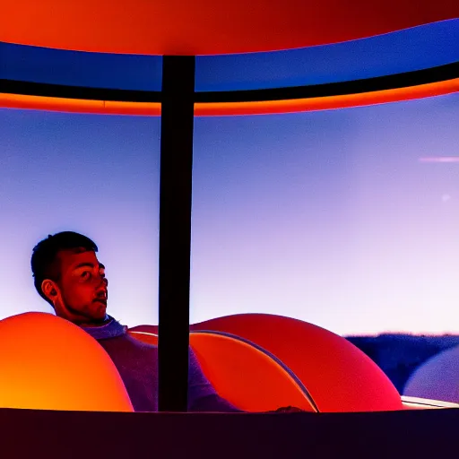 Prompt: inside cozy luxurious curved sleep-pod with wall to wall padding and sound system, amber ambient, red desert outside window, night time, lighting, atmospheric, polyamorous, XF IQ4, 150MP, 50mm, F1.4, ISO 200, 1/160s, dawn