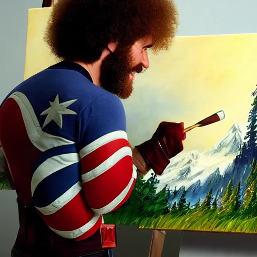 Image similar to a closeup photorealistic photograph of bob ross working on a canvas painting of captain america. happy trees, mountain scape. film still. brightly lit scene. this 4 k hd image is trending on artstation, featured on behance, well - rendered, extra crisp, features intricate detail, epic composition and the style of unreal engine.