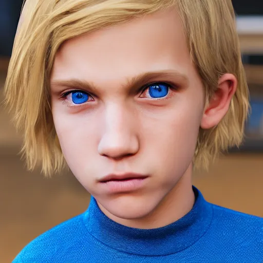 Image similar to a detailed portrait of boy with blonde hair and blue eyes, unreal engine 5 rendered, incredibly highly detailed and realistic, 8 k, sharp focus, studio quality