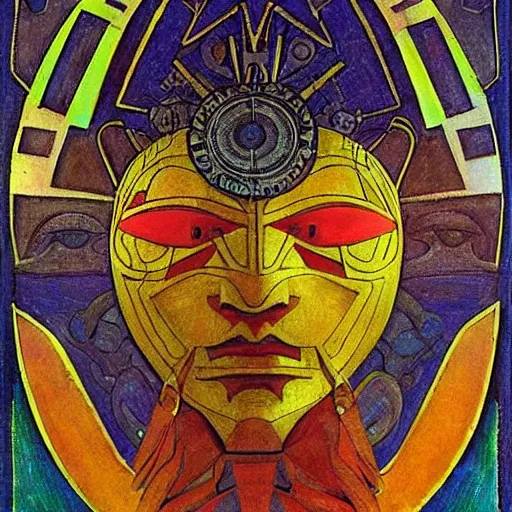 Prompt: head of a beautiful machine shaman wearing a mask made of metal flowers, by annie swynnerton and nicholas roerich and jean delville and john watkiss, art deco shaman, stylized geometric flowers, art brut, symbolist, dramatic lighting, god rays, iridescent beetles, clean crisp graphics, smooth sharp focus, extremely detailed, adolf wolfli