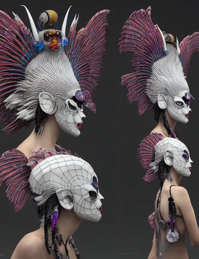 Image similar to 3 d goddess close - up profile portrait punk with mohawk with ram skull. beautiful intricately detailed japanese crow kitsune mask and clasical japanese kimono. betta fish, jellyfish phoenix, bio luminescent, plasma, ice, water, wind, creature, artwork by tooth wu and wlop and beeple and greg rutkowski