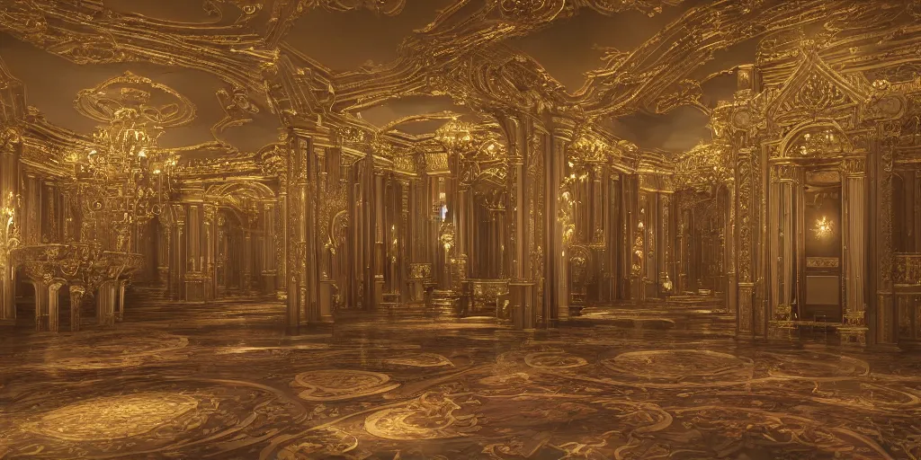 Image similar to a view of the inside of a luxurious late Nineteenth century palace, intricate, elegant, highly detailed, ornate, beautifully lit, ray traced, octane render