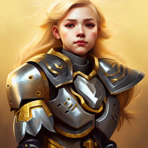 Image similar to Portrait of a girl with blonde hair wearing a heavy knight armor, Overwatch inspired, golden accents, face, fantasy, intricate, elegant, highly detailed, digital painting, artstation, concept art, smooth, sharp focus, illustration, art by Wei Fan and Fernanda Suarez and Artem Demura and alphonse mucha