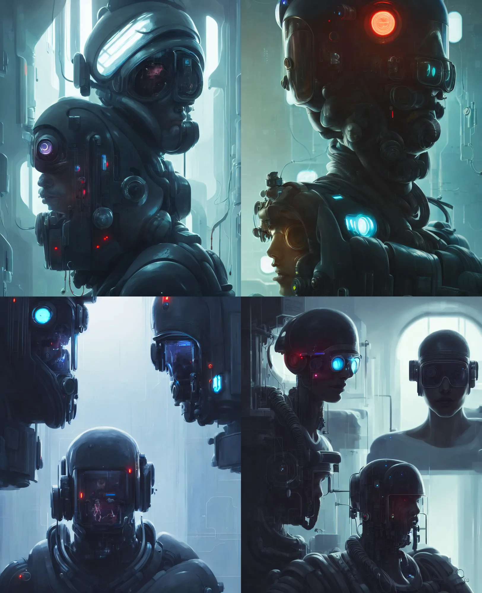 Prompt: a closeup portrait of a human operator working the laboratory, sci - fi character, cyberpunk suit, cinematic composition, hyper detailed, matte painting, highly detailed, greg rutkowski, cedric peyravernay, anato finnstark, artstation, 8 k