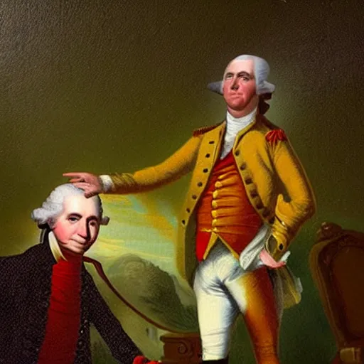 Image similar to painting of george washington doing a dab pose as donald trump watches and cries