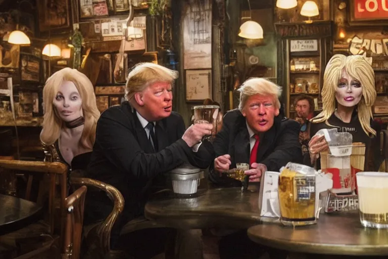 Image similar to Angelina Jolie, boris johnson, The Alien from the movie 'Alien', dolly parton, donald trump are best friends, drinking shots of tequila and snorting cocaine, central perk coffee shop, still photo, hyperrealistic, 35mm, 8k, by weta digital