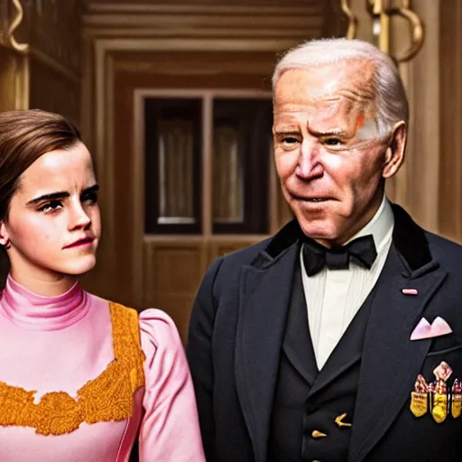 Prompt: A photo of emma watson and joe biden in a Victorian Mansion in the movie The Grand Budapest Hotel (2014), golden, vibrant, colorful, 8K, copper, brass, f/22, 35mm, 2700K, kodachrome